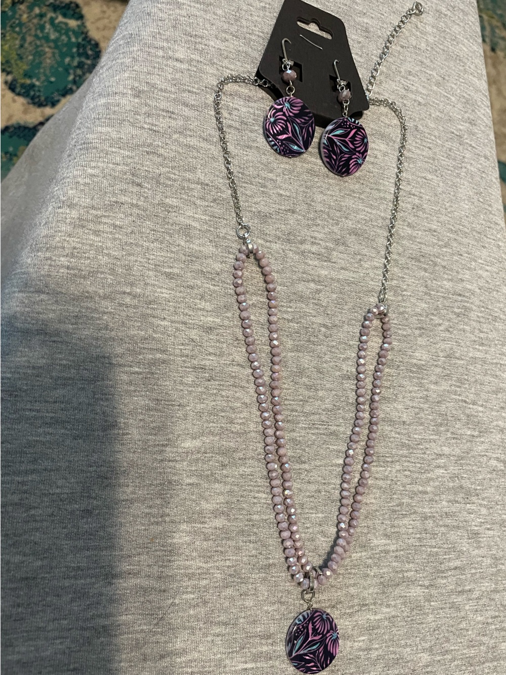 Purple Beaded Double-Strand Necklace with Floral Pendant